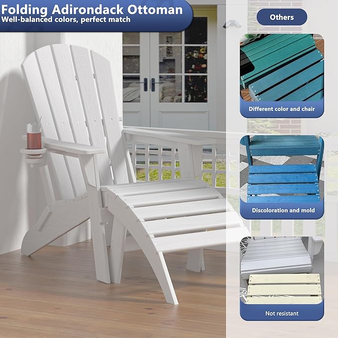 Plawdlik Folding Ottoman for Adirondack Chair–HDPE All-Weather Footrest for Outdoor Use, Garden & Poolside– Anti-Cracking, Fade-Resistant, Easy Assembly–White