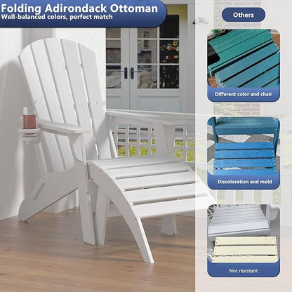 Plawdlik Folding Ottoman for Adirondack Chair–HDPE All-Weather Footrest for Outdoor Use, Garden & Poolside– Anti-Cracking, Fade-Resistant, Easy Assembly–White
