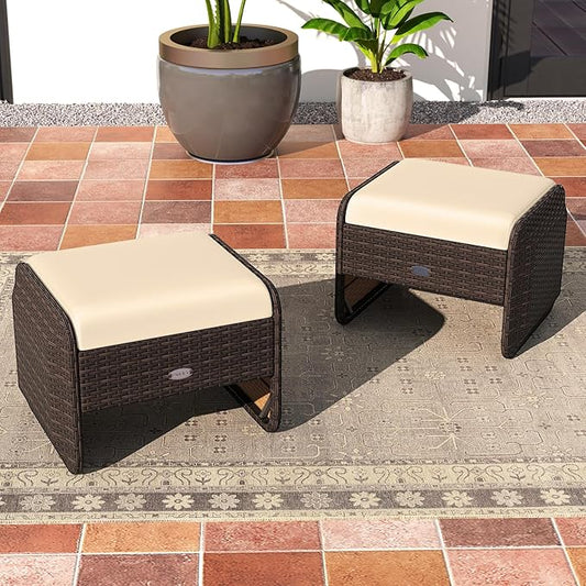 Tangkula 2 Pieces Patio PE Wicker Ottomans with Removable Cushions, Multipurpose Outdoor Furniture for Additional Seating, Footrest and Side Table, Outdoor Footstools for Porch, Backyard (Beige)