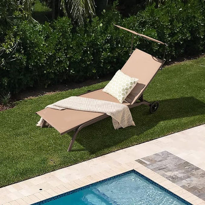 Giantex Outdoor Chaise Lounge Chair, Tanning Chair with Sunshade and Smooth Wheels, 6-Level Adjustable Position, Cup Holder, Metal Frame, Patio Chaise Lounge for Sunbathing, Yard, Poolside (1)