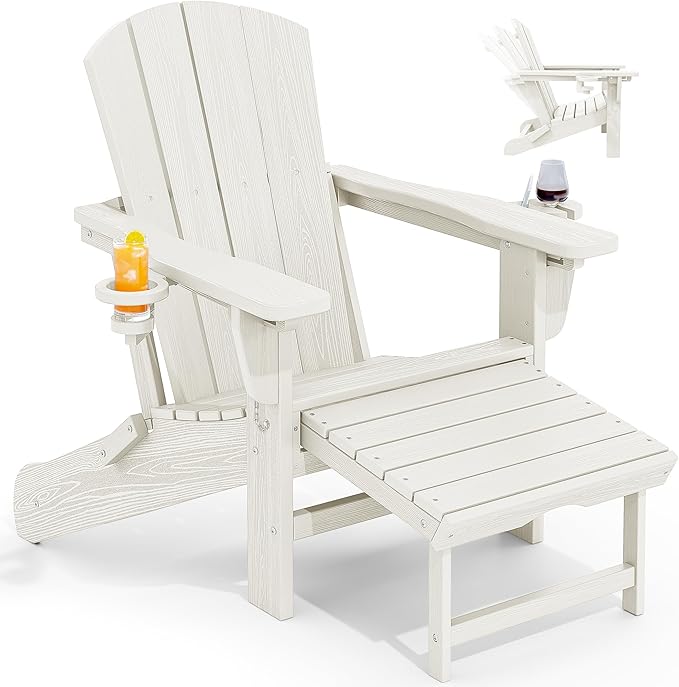 KINGYES Folding Adjustable Adirondack Chair with Ottoman & 2 Cup Holders, HDPE Adirondack Recliner Chair with Footrest, White