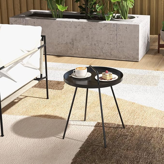 Grand patio Outdoor Coffee Table with Handle, Outdoor Portable End Table, 17-in Round Side Table, Black