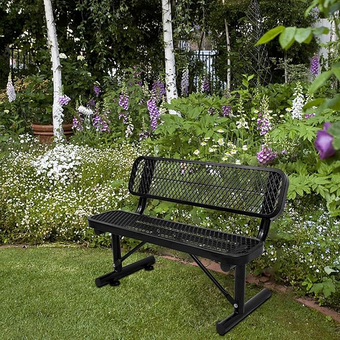 4 Ft Metal Park Bench for Outside, All-Weather Thermoplastic Coating Outdoor Bench with Backrest, Commercial Heavy Duty Benches for Shopping Malls, Stores, Parks, Patios, Decks, Black