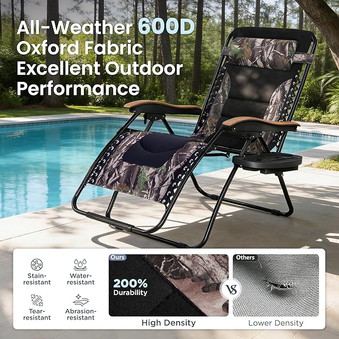 PHI VILLA XXL Oversized Padded Zero Gravity Chair, Foldable Patio Recliner, 30" Wide Seat Anti Gravity Lounger with Cup Holder, Support 400 LBS (Camouflage)