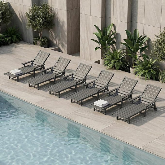 5-Position Adjustable Lounge Chair Outdoor Set of 6, HDPE Outdoor Chaise Lounge with Cup Holder & Wheels, Pool Lounge Chairs for Poolside, Beach, Deck, Grey