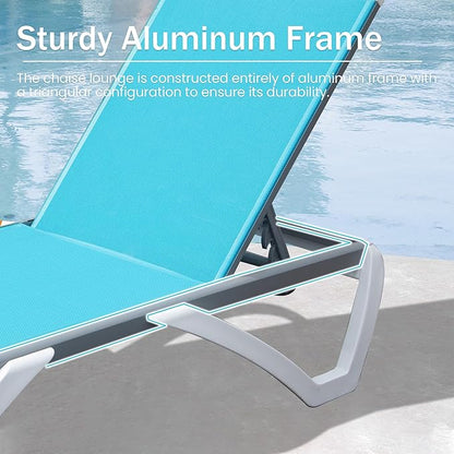 Domi Outdoor Lounge Chair, Aluminum Lounge Chair for Outside with 5 Position Adjustable Backrest, Outdoor Chaise Lounge for Beach, Yard, Balcony, Poolside(1 Turquoise Blue Chair W/O Table)