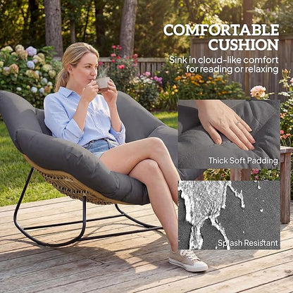 Outsunny Papasan Rocking Chair, Wicker Oversized Indoor Outdoor Rocking Chair with Cushion, PE Rattan Padded Outdoor Rocker Egg Chairs for Living Room, Garden, Patio, Balcony, Dark Gray