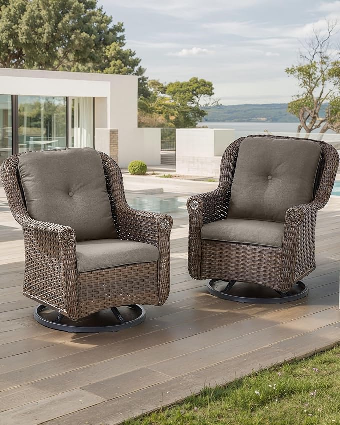 Patio Chairs Outdoor Swivel Glider - Set of 2 High Back Outside Brown Wicker Rattan Rocking Chair with Zippered Cushion - Photo 2