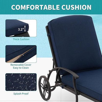 HOMEFUN Chaise Lounge Chair Outdoor - Poolside Chairs Set of 2 with Cushion Cast Aluminum Waterproof Lounger with Wheels and Adjustable Reclining, Pack of 2 (Navy Blue Cushion)