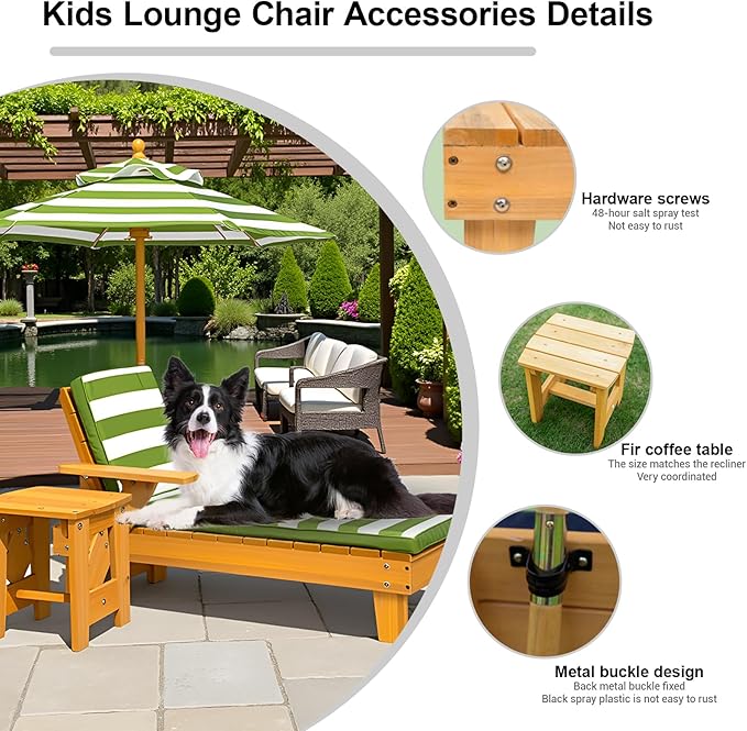 Kids Lounge Chair Outdoor, Kids Lounge Chair, Removable Striped Fabric Cushions, Outdoor Chaise Lounge with Parasol - Photo 5