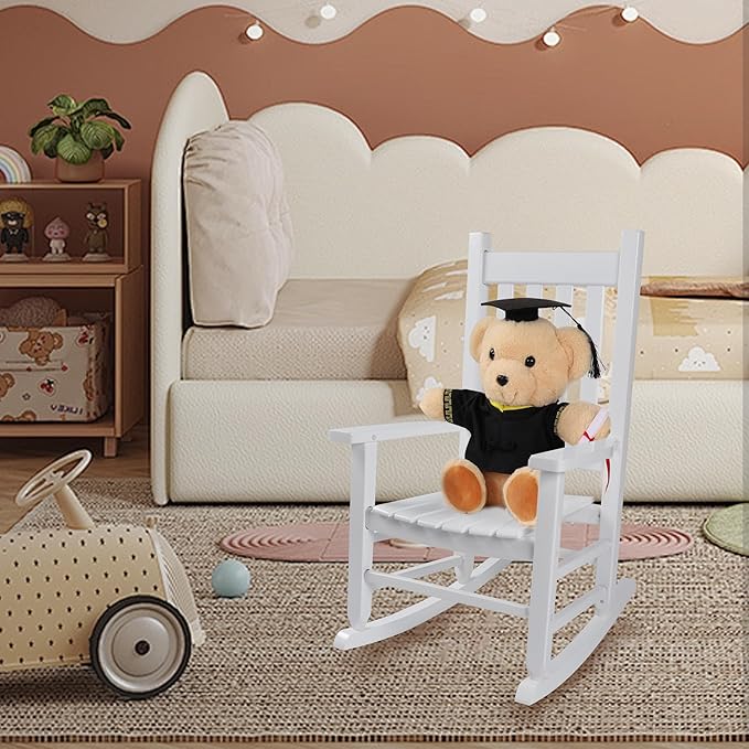 Kids Rocking Chair for Toddler and Children Comfy Recliner Wooden Rocker for Baby Girls Outdoor Lounge for Age 6-10 Indoor Anti-Tip Design Safe & Sturdy White