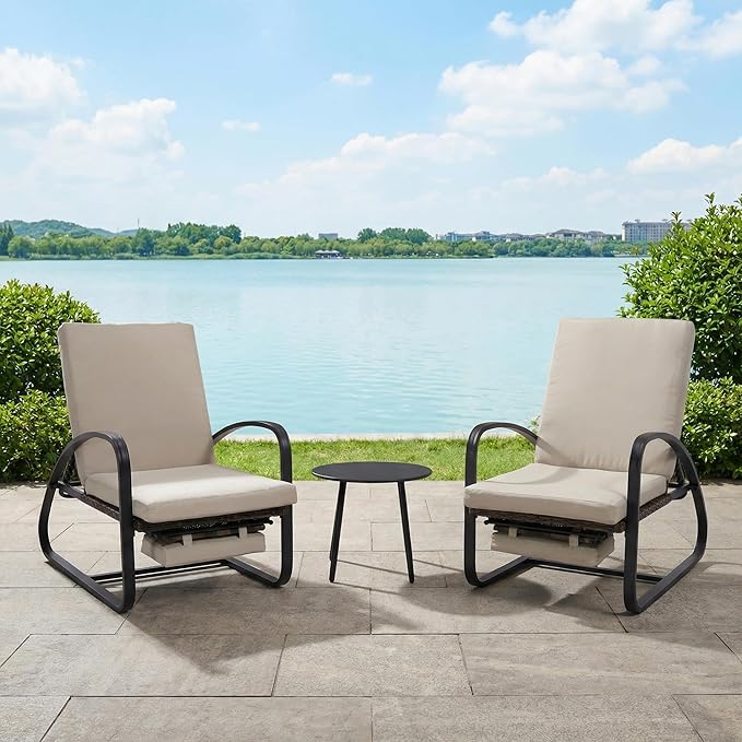 3 Piece Patio Furniture Set, Modern Patio Chaise Lounge Chairs, 5-Position Adjustable Bistro Set Balcony Furniture, Metal Patio Chairs with Coffee Table, Pool Lounge Chair for Deck, Khaki