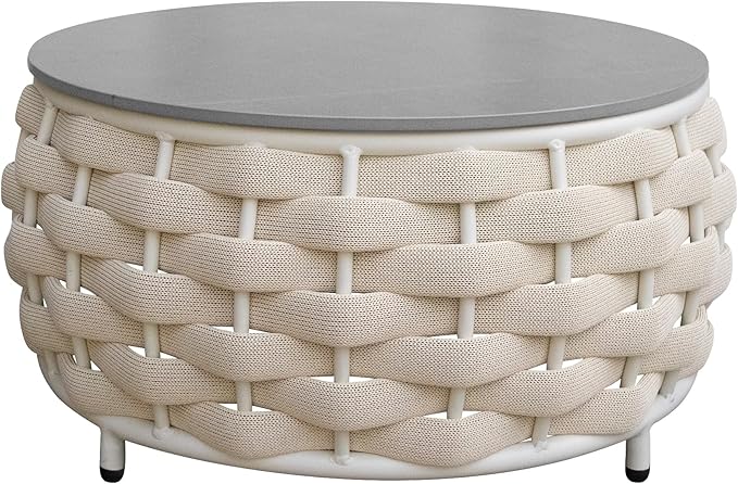 TWT Outdoor Coffee Table Round Centerpiece Table, Lightweight Accent Table with Hand Woven Rope Decor for Garden and Patio(Olefin Rope, Beige)