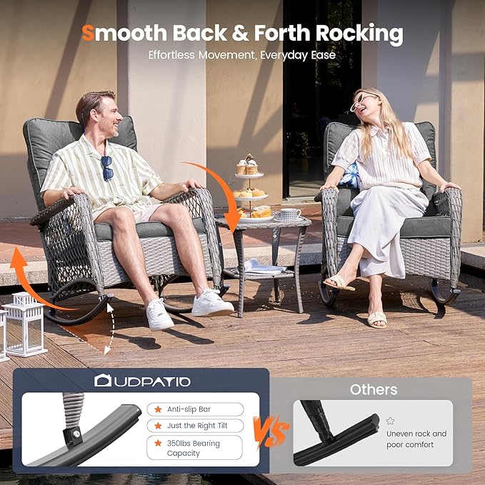 UDPATIO 3 Piece Patio Furniture Set, Wicker Rocking Bistro Set with 2 Rockers, 1 Side Table and 4‘’ Thick Cushions for Backyard, Porch, Balcony, Poolside, Porch, Balcony, Poolside, Grey