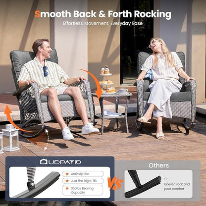 UDPATIO 3 Piece Patio Furniture Set, Wicker Rocking Bistro Set with 2 Rockers, 1 Side Table and 4‘’ Thick Cushions for Backyard, Porch, Balcony, Poolside, Porch, Balcony, Poolside, Grey