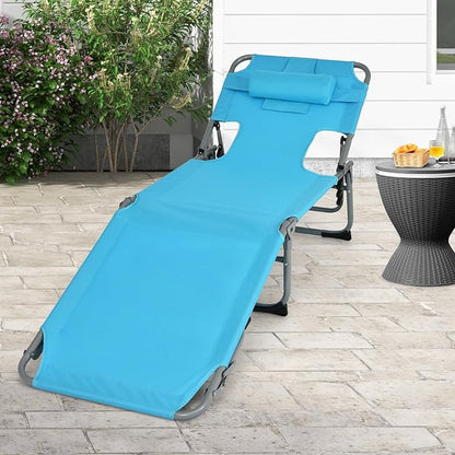 Goplus Tanning Chair, Folding Adjustable Patio Lounge Chair with Face Hole, Removable Pillow, 330LBS, Carry Strap, Outdoor Sunbathing Chair, Lightweight Portable Beach Lounge Chair, No Assembly