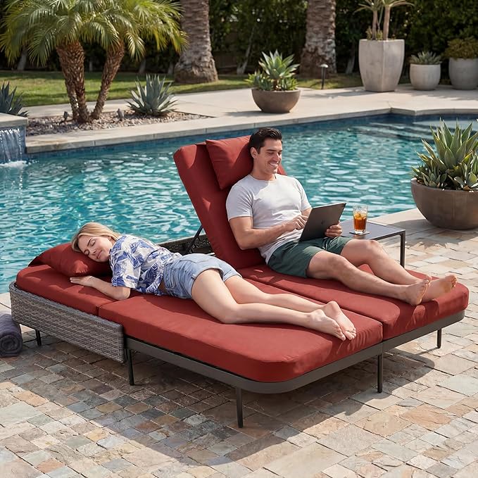 NICESOUL Double Chaise Lounge Outdoor, 51.2" Wide 2-Person Daybed with Independent Recline - Photo 1