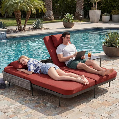 NICESOUL Double Chaise Lounge Outdoor, 51.2" Wide 2-Person Daybed with Independent Recline, Loveseat with 4" Thick Cushions, Heavy Duty All-Weather Wicker Sunbed for Patio Poolside Garden