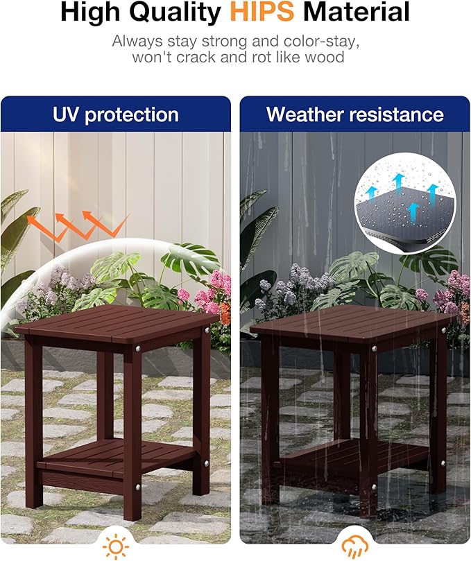 YEFU Outdoor Side Table for Patio: 16" HIPS Weather - Resistant Adirondack Tables - Waterproof Small Square End Tables for Backyard Living Room Bedroom - Indoor Outdoor Double Layer Table Coffee
