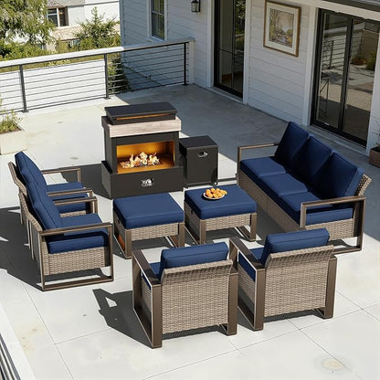 8 Pieces Metal Wicker Patio Furniture Set - 75" Sofa, Four Armchairs and Two Ottomans, One Fireplace All Weather Rattan Outdoor Conversation Furniture with Washable Cushion for Deck Porch, Dark Blue