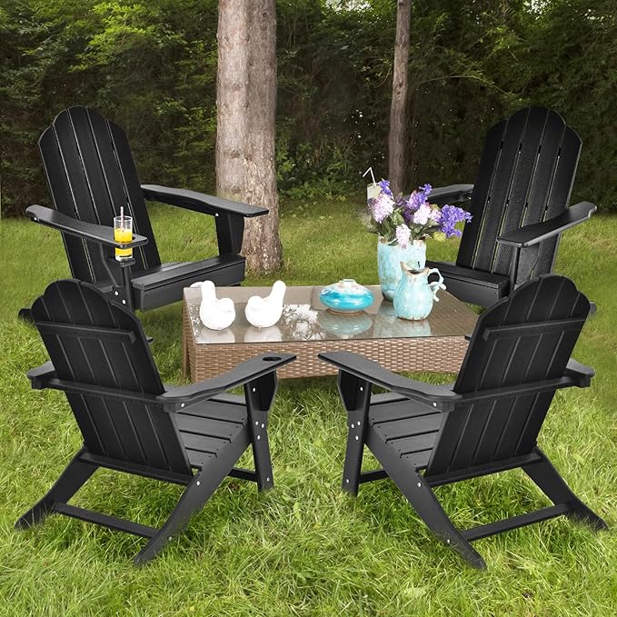 Tangkula Adirondack Chair Outdoor, Fade Resistant HDPE Armchairs with Cup Holder, Weather Resistant Lounger Chairs for Patio Garden Backyard Deck, Lawn Porch Seating, Adirondack Lounger (1, Black)