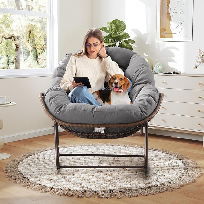Large Indoor Rocking Chair, Oversized Rocking Papasan Chair with Thick Cushion and Frame,Comfy Teddy Rocker Wicker Egg Chairs Lounge Reading Chair for Living Room, Bedroom, Apartment, Light Grey