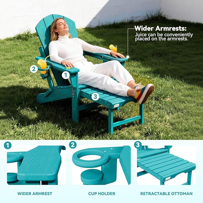 Mdeam 3-Level Adjustable Adirondack Chair with Retractable Ottoman, HDPE All-Weather Folding Fire Pit Chair with 2 Cup Holders, Outdoor Chair for Deck Patio Garden Backyard Lawn (Aruba Blue)