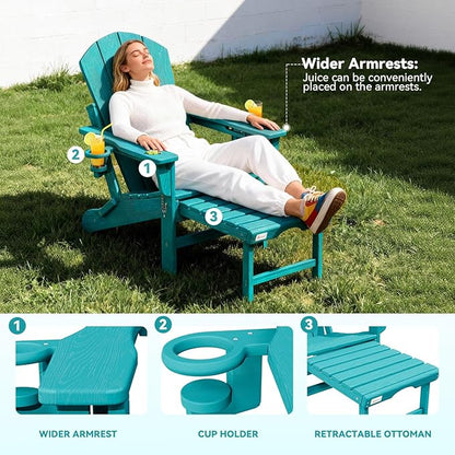 Mdeam 3-Level Adjustable Adirondack Chair with Retractable Ottoman, HDPE All-Weather Folding Fire Pit Chair with 2 Cup Holders, Outdoor Chair for Deck Patio Garden Backyard Lawn (Aruba Blue)