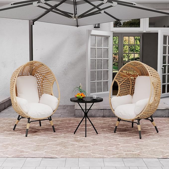 Oversized Wicker Egg Chair, Outdoor Indoor Rattan Patio Egg Lounge Chairs with Cushion 500lbs Capacity for Living Room, Balcony, Backyard (2 PCS, Beige-Grid)