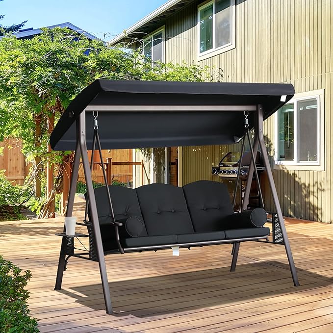 Outsunny 3-Seat Patio Swing Chair, Outdoor Porch Swing Glider with Adjustable Canopy, Removable Cushion - Photo 2