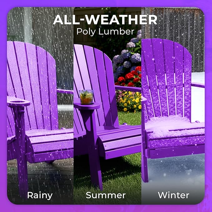 Ecommersify Folding Adirondack Chair with Cup Holder - (Bright Purple) - Heavy Duty Recycled Poly Lumber Folding Chair - Amish Crafted Outdoor Furniture - Made in USA