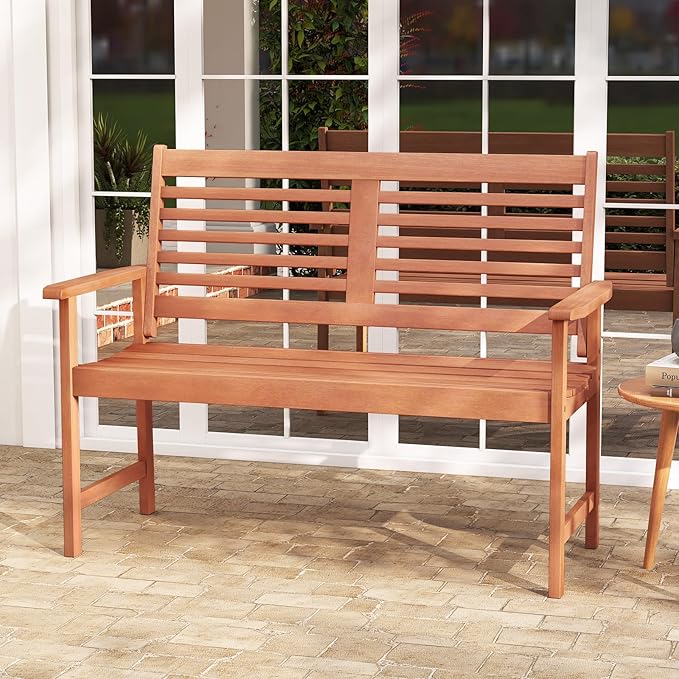 Byroce 2-Person Outdoor Bench, Solid Wood Patio Loveseat with Comfy Backrest & Armrest, Heavy Duty Garden Bench for Outdoors Backyard, Park, Balcony & Front Porch, Teak Oil Rubbed (Horizontal Slat)