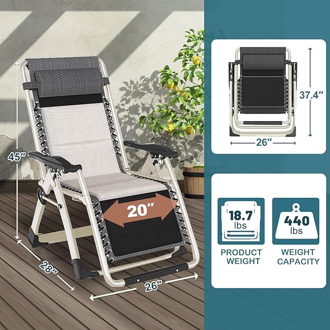 NAIZEA Padded Zero Gravity Chair, Folding Outdoor Lounge Chairs, Adjustable Reclining Camping Chairs with Cup Holder - Photo 2
