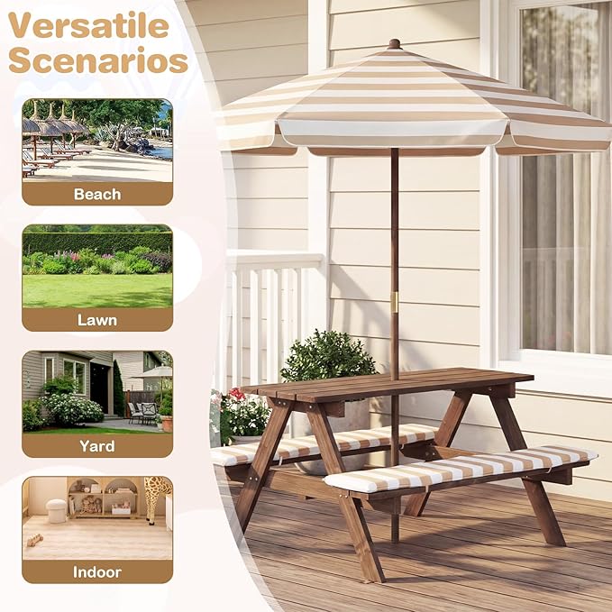 Costzon Kids Picnic Table, Wooden Toddler Outdoor Table & Bench Set with Removable Umbrella & Cushions, Stripe Fabric, Kids Outdoor Furniture for Patio Backyard Garden, Fits 4 Children Age 3+ (Coffee)