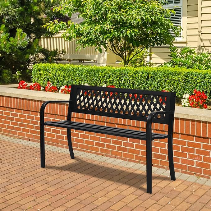 47in Outdoor Garden Park Bench,Outdoor Metal Porch Benches,Weatherproof Patio Park Bench,Outside Leisure Bench,with Mesh Back and Armrests,for Lawn, Deck, Path, Backyard, Entryway (Black)