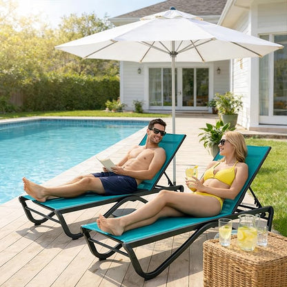 Kozyard Outdoor Chaise Lounge Chair, Full Aluminum Frame, Adjustable Reclining Patio Lounger for Poolside, Sunbathing & Backyard, Textilene (Aqua, 2Chairs + Table)