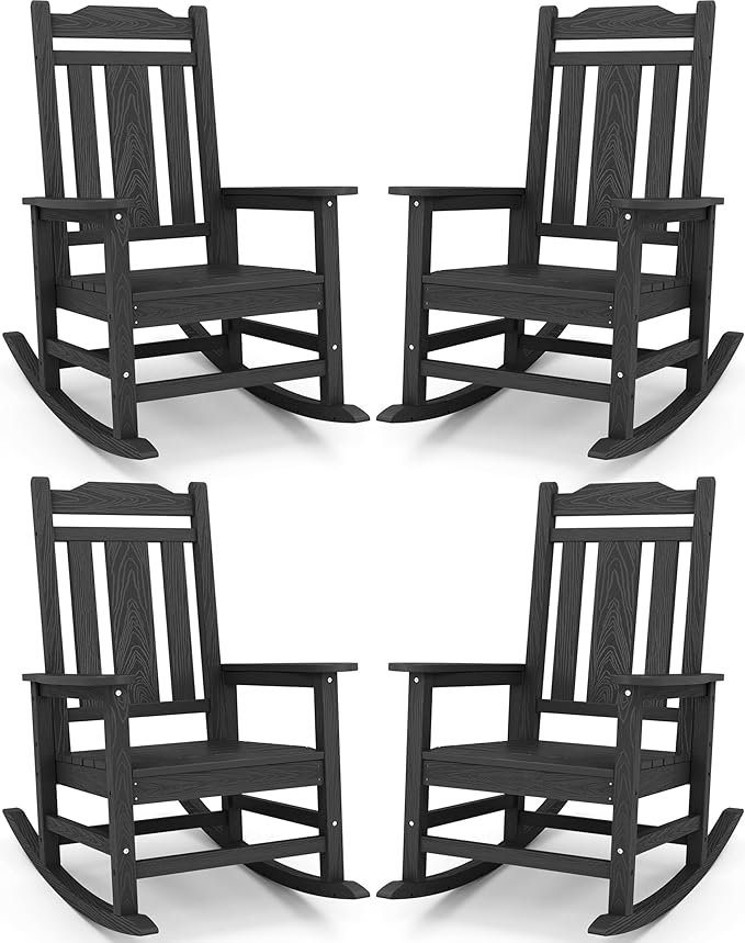 SERWALL Oversized Rocking Chair, HDPE Outdoor Rocking Chairs Set of 4, Patio Rocking Chair Sets for Adults, Black