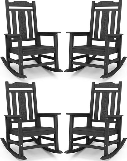 SERWALL Oversized Rocking Chair, HDPE Outdoor Rocking Chairs Set of 4, Patio Rocking Chair Sets for Adults, Black
