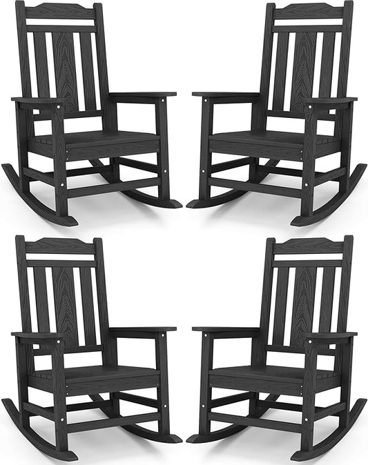 SERWALL Oversized Rocking Chair, HDPE Outdoor Rocking Chairs Set of 4, Patio Rocking Chair Sets for Adults, Black