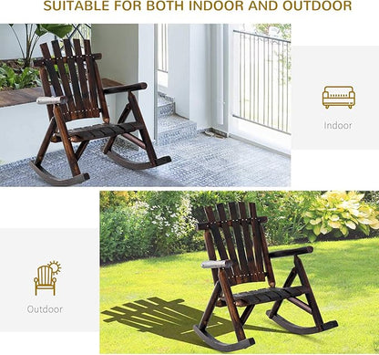 Outsunny Outdoor Wooden Rocking Chair, Single-Person Rustic Adirondack Rocker with Slatted Seat, High Backrest, Armrests for Patio, Garden and Porch, Brown