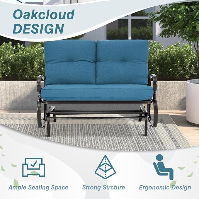 Outdoor Glider Rocking Bench 2 Person Patio Loveseat Steel Frame Furniture Set for Patio, Garden, Yard, Porch with Resistant Cushions (Peacock Blue)