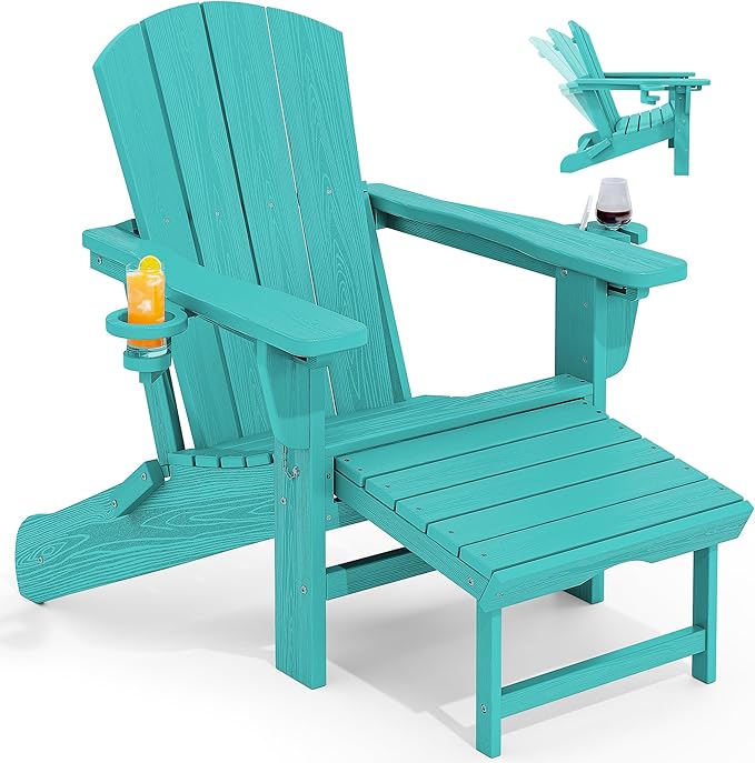 KINGYES Folding Adjustable Adirondack Chair with Ottoman & 2 Cup Holders, HDPE Adirondack Recliner Chair with Footrest, Aruba