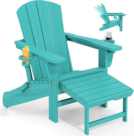 KINGYES Folding Adjustable Adirondack Chair with Ottoman & 2 Cup Holders, HDPE Adirondack Recliner Chair with Footrest, Aruba