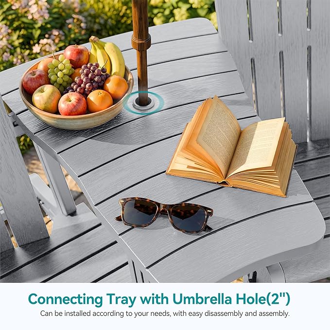 Vongrasig Adirondack Chairs Set of 2 with Removable Tabletop and Footrest, All-Weather HDPE Outdoor Chair Set with Wooden Textured, Cup Holder for Patio, Poolside, Deck, Garden, Light Grey