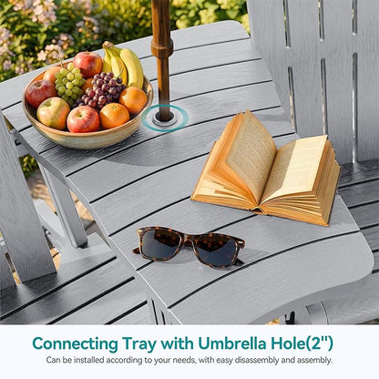 Vongrasig Adirondack Chairs Set of 2 with Removable Tabletop and Footrest, All-Weather HDPE Outdoor Chair Set with Wooden Textured, Cup Holder for Patio, Poolside, Deck, Garden, Light Grey