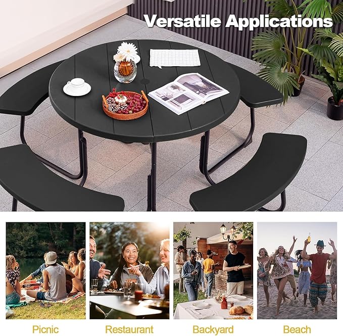 Round Picnic Table for Outdoors, 8 Person Outdoor Picnic Tables & Benches Set with Umbrella Hole - Photo 8
