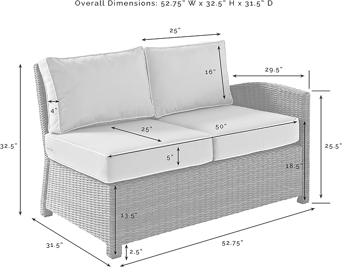 Crosley Furniture Bradenton Outdoor Sectional Right Side Loveseat, 2-Person Wicker Patio Couch for Deck, Brown with Sangria Cushions