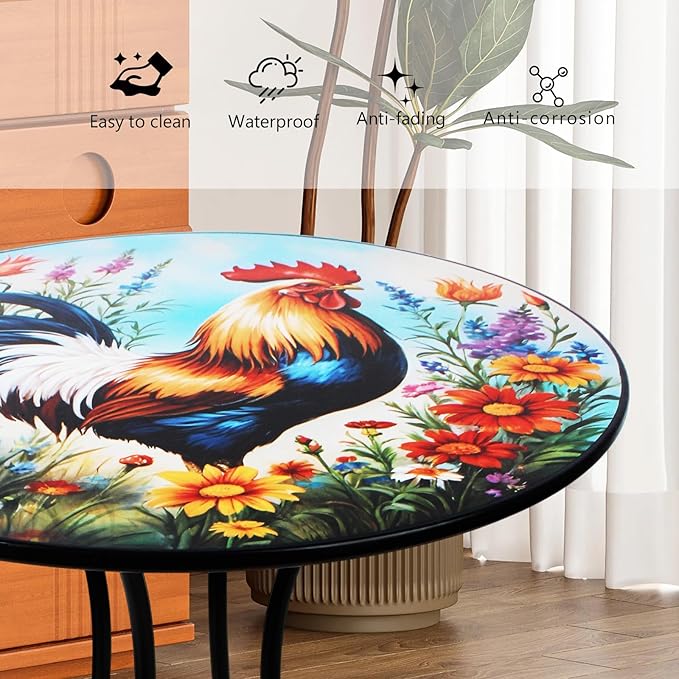 Outdoor Side Table, 18" Rooster Round Accent Table, Metal Indoor Small End Tables, Plant Stand Tables for Patio Yard Balcony Garden Bedside