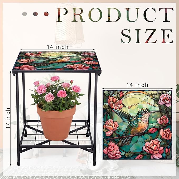Outdoor Side Table 2-Tier Storage Square Small Mosaic Patio Accent Indoor End Plant Coffee Tea Table for Yard Patio Porch Garden Living Room, Bedroom(Hummingbird Style)