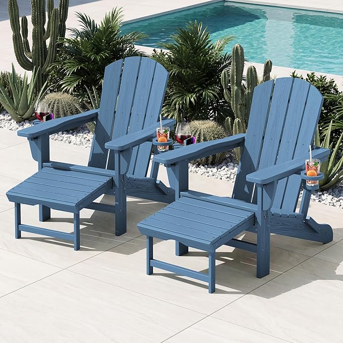 KINGYES Folding Adjustable Adirondack Chair with Retractable Ottoman, HDPE Recliner Adirondack Chair with Cup Holder, Blue